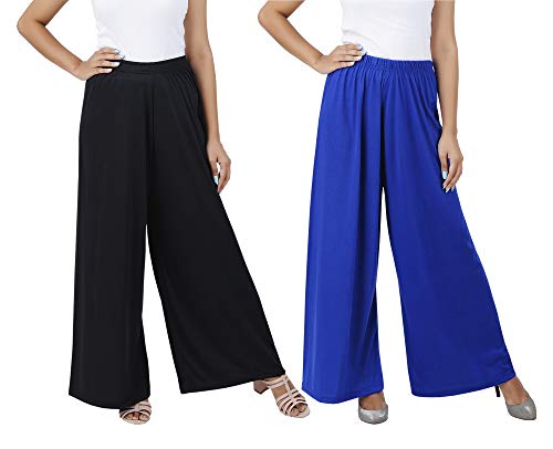Image of Buy That Trendz M to 4XL Cotton Viscose Loose Fit Flared Wide Leg Palazzo Cotton for Pants Women Black Royal Blue Combo Pack of 2 XXX-Large