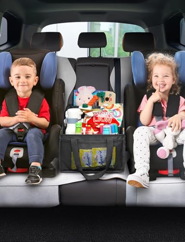 YOHOOLYO Auto Organizer Kinder Rücksitz mit 4 Fächern und 4 Getränkehalter zusammenklappbar Rückbank Beifahrersitz für Spielzeug Bücher Snacks Schwarz