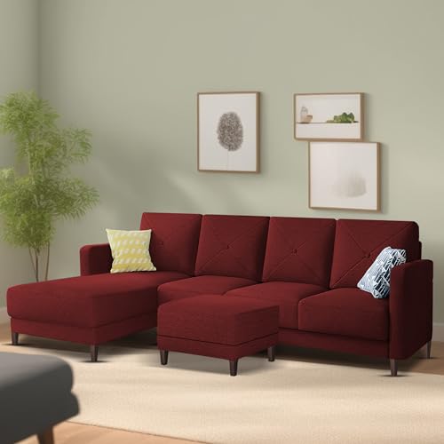 Image of Baloney LHS 6 Seater L Shape Sofa Set with Center Table for Living Room (Maroon Fabric) Premium Fabric Sofa