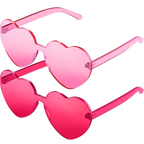 2 Pieces Heart Shape Rimless Sunglasses Transparent Candy Color Frameless Glasses Love Eyewear (Pink)