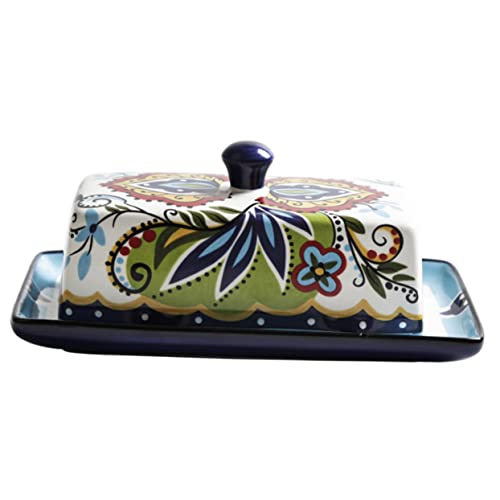 MUCKLILY Plato De Cerámica Para Mantequilla Con Tapa Caja De Almacenamiento Diseño Floral Contenedor De Alimentos Adecuado Para Cocina y Fiestas Mantequera Antideslizante