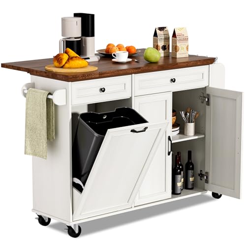 AHB Kitchen Island with Trash Can Storage & Drop Leaf,