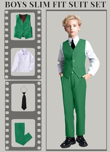 Image of YuanLu Toddler Boys Formal Suits Set,Vest Pants Dress Shirt and Tie for Kids Boy Wedding Ring Bearer Oufit