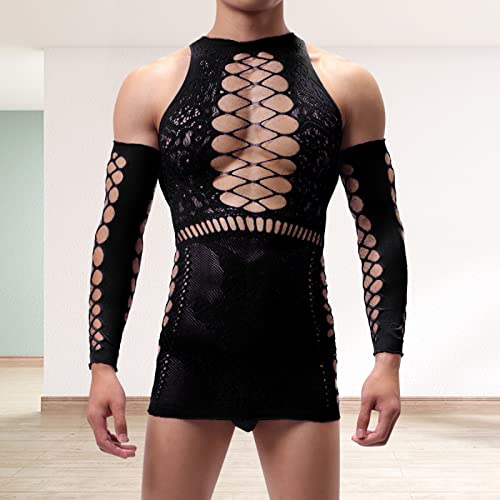 Sissy Lingerie for Men Sexy Naughty Elastic Fishnet Bodysuit Lace Hollow Out See Through Mesh Babydoll Underwear2