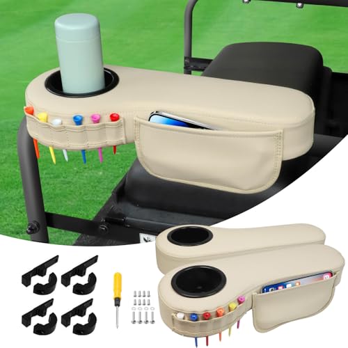 LEAPGOMAX No Drilling Golf Cart Armrest with Cup Holder Phone Bag and Golf Tees Holder for Yamaha EZGO Club Car ICON i40 i40L i40FL i40F i60 i60L i60F i80/Advanced EV Golf Carts Beige