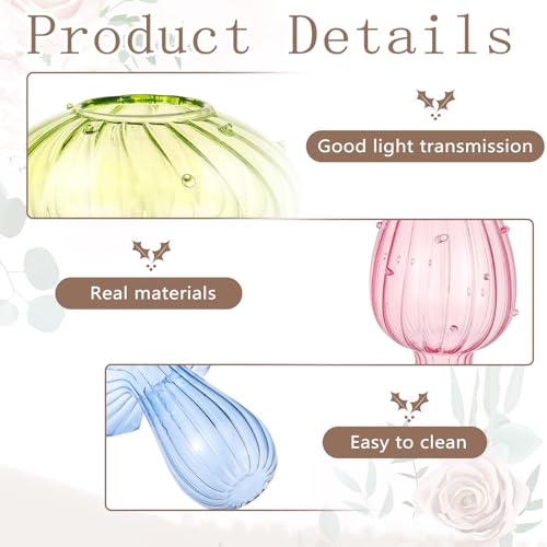 Cunno 8 Pcs Mushroom Vase Mushroom Shaped Bud Glass Vase Colored Transparent Hydroponic Plant Terrarium Propagation Stations for Home Office Desktop Decor(Large Hole)