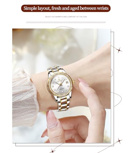 Image of OLEVS Womens Diamond Watches Automatic Mechanical Gold Luxury Dress Ladies Self Winding Original Stainless Steel Wrist Watch