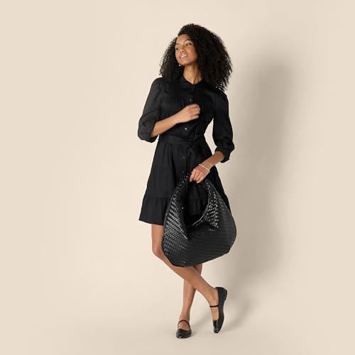 Image of Amazon Essentials Women's Regular-Fit Cotton Sateen Tiered Shirt Dress with Puff Shoulder Sleeves, Collar Band, Button-Front