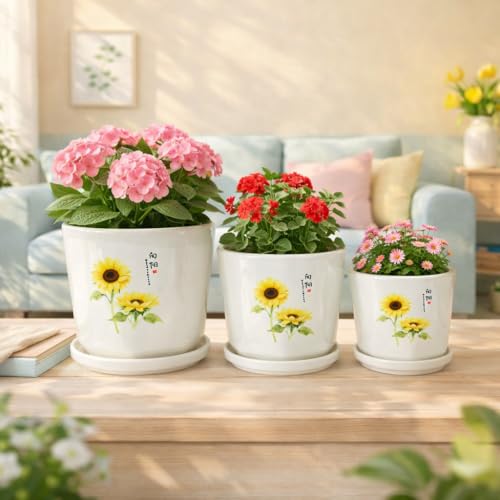 Image of Xtore Charming Sunflower Ceramic Planter Set with Drain Tray | Elegant Indoor & Outdoor Flower Pots for Living Room, Balcony, Office Desk & Garden Decor (Set of 3, White&Yellow) (Planter only)