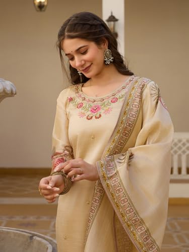 Image of Yashika Women's Beige Viscose Assam Silk Fabric Straight Printed Kurta, Pant and Dupatta Set | Kurta Set for Women