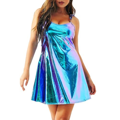 Glänzend Minikleid Damen Sexy ,Metallic Kleid Damen Glitzer,Partykleid Damen Trägerkleid A Linie Mini Kleider Festlich Disco Holografisch Lackleder...
