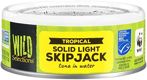 WILD SELECTIONS Tropical Solid Light Tuna in Water, Canned Tuna Fish, Wild Caught Tuna, High Protein Food, Keto Food and Snacks, Gluten Free Food, High Protein Snacks, 5 Ounce Cans (Pack of 12)
