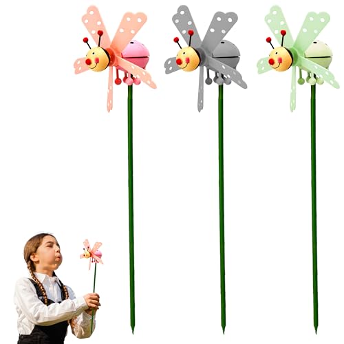 Lizzy 3pc Insect Windmill Stake 40cm | Polka dot Print 3D DIY Wind Spinners Wooden Garden Windmill Bird Repellent Pinwheels Garden Lawn Party Decor for Girls Boys