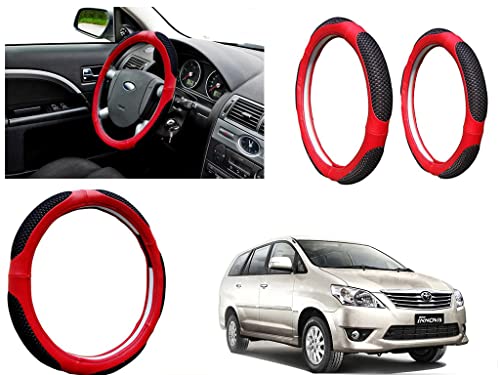 Image of Microfiber Car Steering Wheel Cover, Soft Padding Great Hand Feel, Anti-Slip, Faux Leather Steering Cover for Toyota Innova 2012 2013 | Black Red Jali - Pack of 1