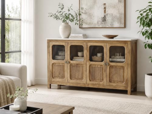 Image of The Attic Crestwood Solid Wood Sideboard Cabinet with Glass Doors | Storage & Display Cabinet for Living Room & Dining Room | Handcrafted Mango Wood, Light Teak Finish