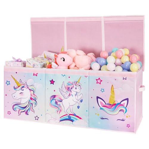 WERNNSAI Extra Large Toy Chest - Unicorn Toy Box Chest Organizer with Flip-Top Lid Collapsible Sturdy Storage Bin with Handles 38 x 13 x 16 Inch for Kids Girls Pink Closet Nursery Living Room Bedroom