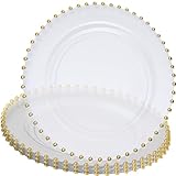 PLASTICPRO Clear with Gold Rim Plastic Charger Plates with Beaded Edge – Pack of 4 – 13' Elegant Round Disposable Chargers for Weddings, Events, Parties, and Dinners