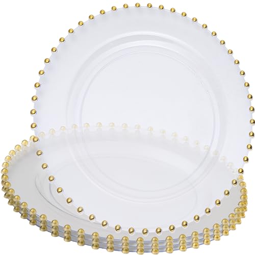 PLASTICPRO Clear with Gold Rim Plastic Charger Plates with Beaded Edge Pack of 8 13 Elegant Round Disposable Chargers for Weddings Events Parties and Dinners