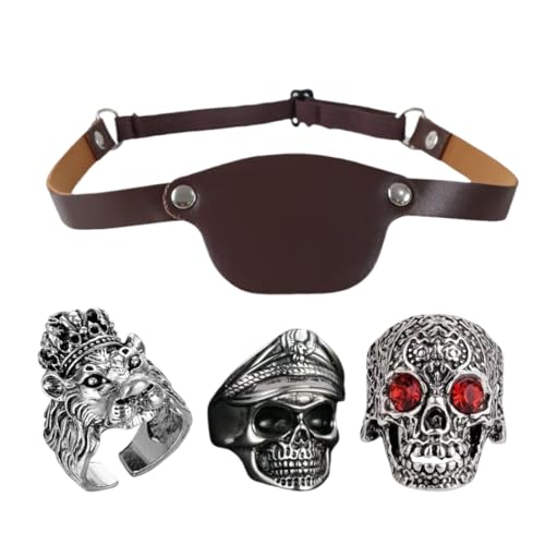 OIXYEY 3 bagues avec tête de mort et os croisés, 1 cache-œil de pirate, bijoux, pirate, corsaire, carnaval, soirée à thème, costume de pirate pour homme, accessoires de pirate, costume Jack Sparrow