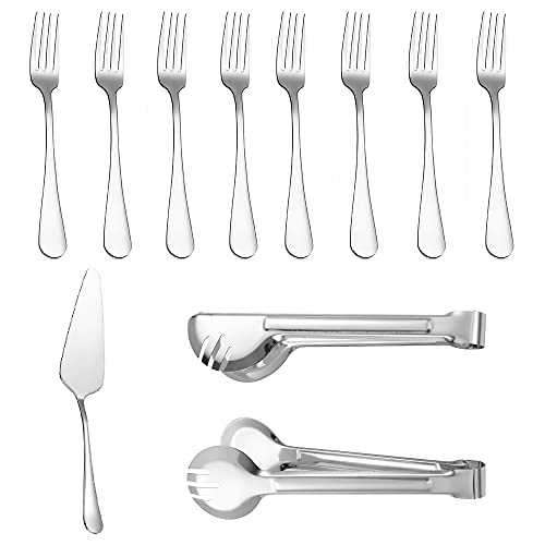 Pudsirn Lot de 11 ustensiles de service en acier inoxydable comprenant 2 pinces de service, 1 pelle à tarte à gâteau, 8 fourchettes de service, ensemble de service pour buffet et banquet Cover