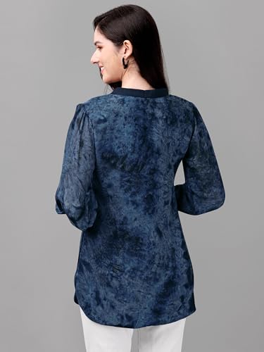 Image of Gufrina Women's Georgette Apple Cut Short Kurti with Long Puff Sleeves Western Style Keyhole Neck Solid Pattern Regular Fit and Mid Thigh Length