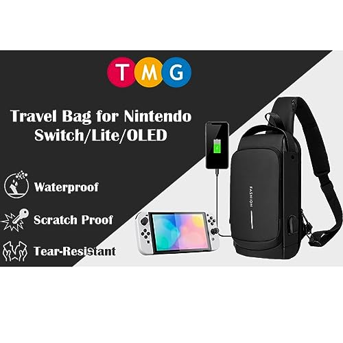 Image of TMG Crossbody Sling Bag for Steam Deck|Nintendo Switch OLED Console|iPad,Waterproof Chest Daypack with USB Charging, Shoulder Backpack for Men|Women (Black)