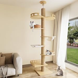 Romiromi Kratzbaum,  Etagen 250-260cm Höhenverstellbar Kratzbaum Deckenhoch, it 6 Plattformen, ransparente Raumkapsel, Katzenkäfig und Gemütlicher Hängematte