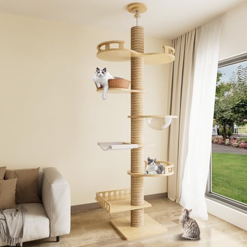 Romiromi Kratzbaum,7 Etagen 250-260cm Höhenverstellbar Kratzbaum Deckenhoch,mit 6 Plattformen,Transparente Raumkapsel, Katzenkäfig und Gemütlicher...