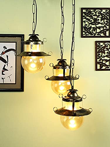 Image of GreyWings Antique Brass Triple Hanging Light for Ceiling, 3 Pendant Lamps for Home Decor, Metal & Glass Chandelier, Indoor Vintage Light, (Bulb Not Included) 3LP Set