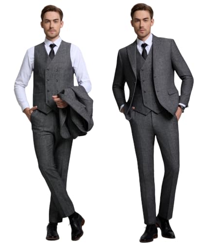 Men's Suits Retro 3 Piece Suit Tweed Herringbone Slim Fit Groom Tuxedos Set Prom Jacket Blazer Vest Pants2
