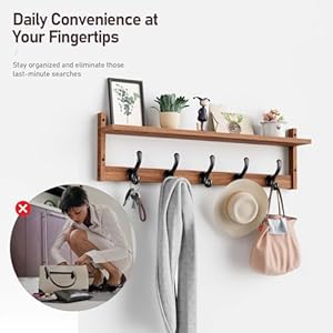 Tatub 29 Coat Rack Wall Mount with Shelf Wood Wall Hooks with Storage Entryway Shelf with 5 Hangers for Bathroom Living Room Bedroom Rustic Brown