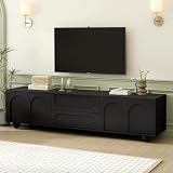 Merax Cream Style TV Stand with Arched Doors & 2 Drawers for TVs up to 75', Minimalist Media Console with Rebound Device, Entertainment Center with 5 Iron Round Legs for Living Room, Bedroom, Black