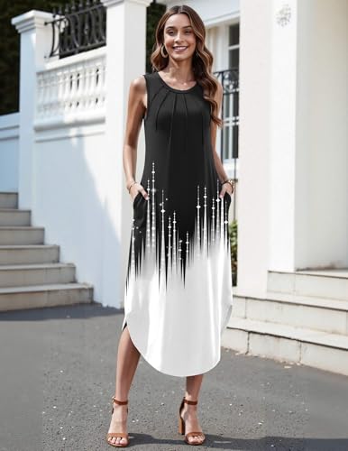 Image of Zeagoo Women Floral Summer Casual Beach Printed Tank Dress with Pockets Pleated Front Long Dress