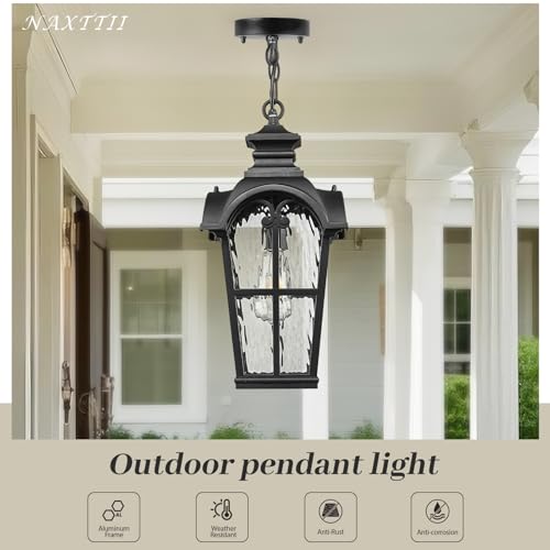 Image of Waterproof Outdoor Pendant Light for Porch 18.5 Inch Large Hanging Porch Lights with Adjustable Chain Dusk to Dawn Aluminum Outdoor Hanging Light Fixture with Water Ripple Glass E26 Socket