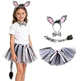CEWIFO Vestido de princesa para niñas, disfraz de animal para niños con cinta, set de 4 piezas de disfraz de cebra con falda de tul para disfraz de animal, cosplay, accesorios para fiesta de carnaval