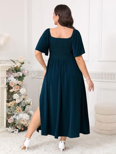 Plus Size Dress Wedding Guest Semi Formal Ruffle Short Sleeve Sweetheart Neckline Slit A Line Flowy Maxi Dresses4