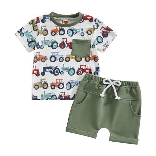 Carolilly Ensemble Enfant Bébé Garçon Eté de 2 Pièces T-shirt à Manches Courtes Imprimé Tracteur + Shorts Taille Elastique (0-3 ans) (Vert, 18-24 Months)