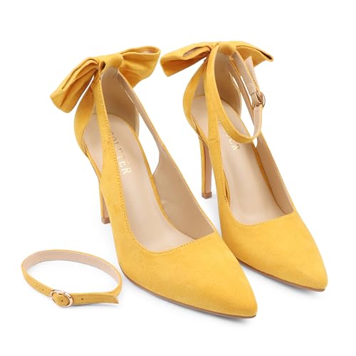 Image of COLETER Womens Back Bow D'Orsay Pumps Pointed Toe Ankle Strap Wedding Heels | 4 Inch Stiletto Heels, Adjustable Ankle Strap, Back Bow Pumps, Formal Evening Bridal Shoes