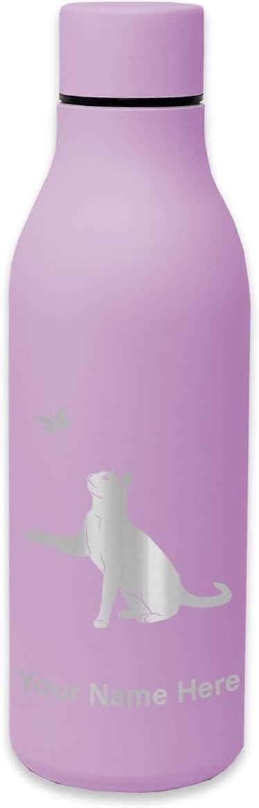 LaserGram Double Wall Stainless Steel Water Bottle, Cat with Butterfly, Personalized Engraving Included