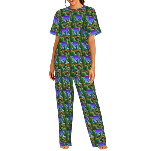 Pyjama court femme anti transpirant vêtement de nuit doux pour peau sensible cactus