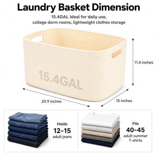 Image of 15.4GAL Woven Laundry Basket for Kids, Cute Boho Square storage basket for Living Room Decor, Baby Girls Boys Toys Stuffed Animal Decorative Short Hamper for Dirty Clothes, Bath Towel,Shoes Beige