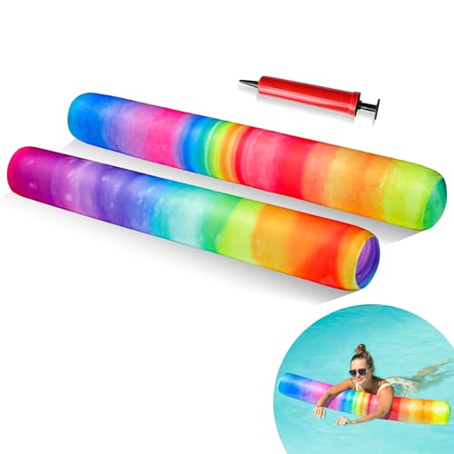 FindUWill Inflatable Swim Pool Noodles, 2 Pack Soft Fabric Covered Large Swim Noodles for Floating, Pool Floats Adult for Pool, Lake, Beach (Rainbow & Colorful)