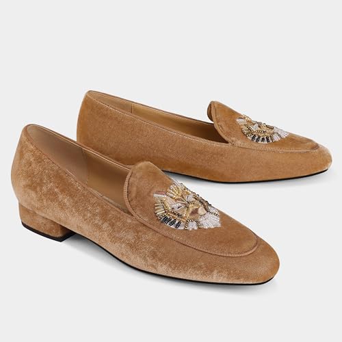 Image of Embroidered Loafers for Women Round Toe Chunky Heel Velvet Flats with Lion Head Pattern Wide Width Dress Casual Shoes