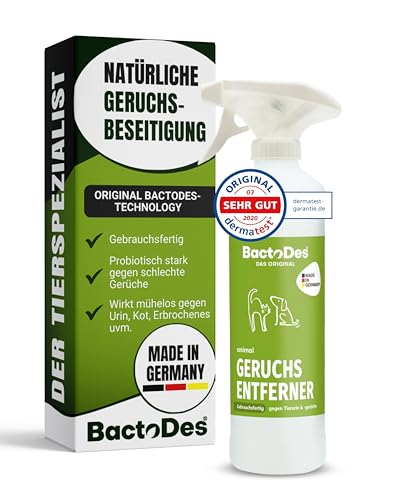 BactoDes - Animal Geruchsneutralisierer 1 L in gebrauchsfertiger Sprayflasche - Starker Enzymreiniger Katzenurin, Hundeurin & Tiergerüche - Effektiver Geruchsentferner mit Bio Mikroben-Wirkung