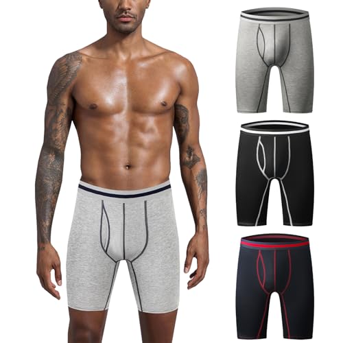 Men's Boxer Briefs, Soft and Breathable Cotton Underwear, 9 Inch Long Leg Boxer Briefs for Men with Open Fly