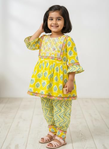 Image of Baby Girls Yellow Ethnic Clothing Set, Mirror Work Embroidered Frock with Zigzag Print Pants, Comfortable Cotton Outfit for Kids