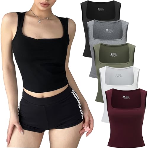 Vomidia 5 Pack Women's Square Neck Sleeveless Double Layer Tank