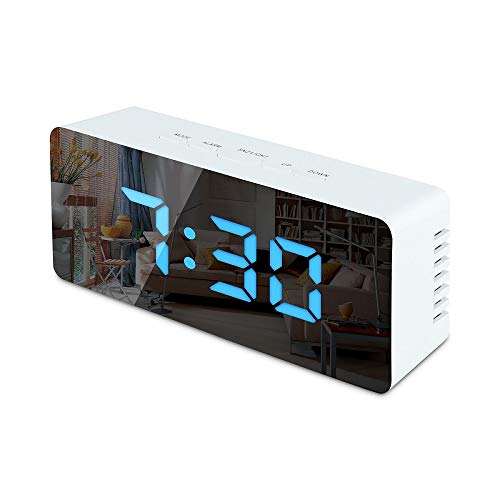 Digital Alarm Clock, LED Display Clock Best Makeup Bedroom Mirror Travel Alarm Office Bedroom Clock, Alarm Clock with Snooze, Dimmer Control, Support Battery Powered and with USB Port-Blue