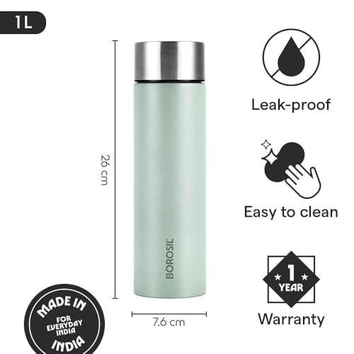 Image of Borosil 1000 ml Hydra Coolsip Mint Stainless Steel Water Bottle | ISI Certified, Made in India | Single Wall, Leakproof| Bottle for Office, School, College & Gym | 1 Year Warranty