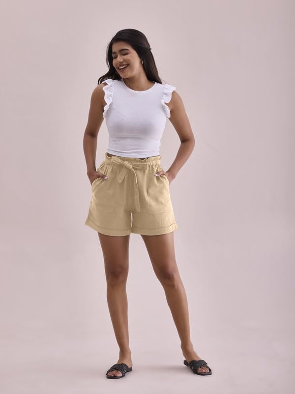 Image of GO COLORS Women Solid High Rise Relaxed Fit Linen Shorts